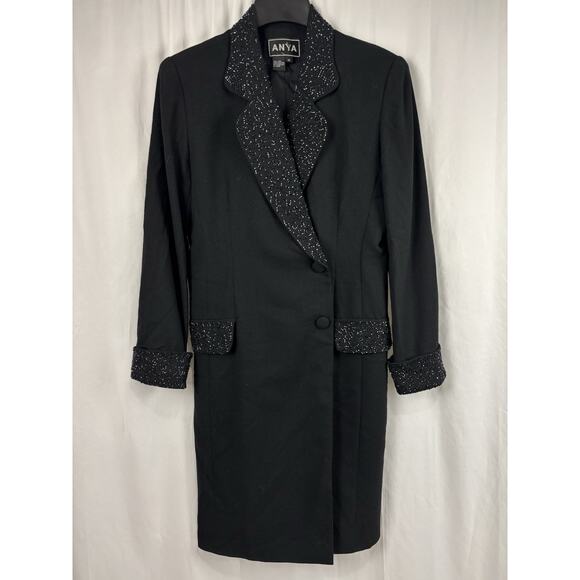 Vintage Anya Black Suit Jacket Dress Wool Embellished Collar Cocktail Formal - Picture 1 of 7